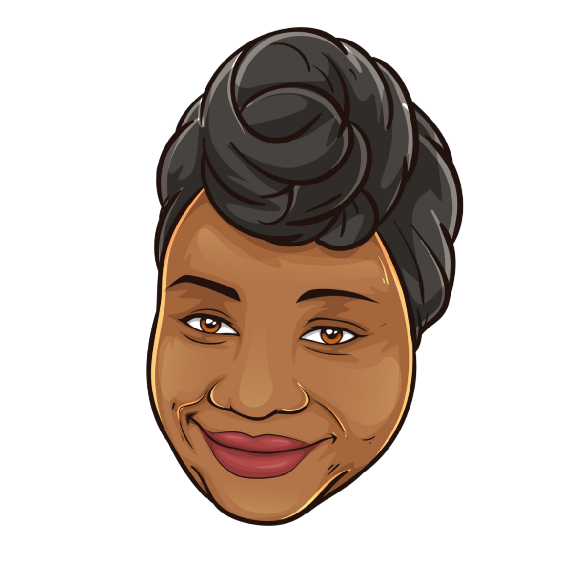 Stylized digital portrait of a smiling Black woman with her hair styled in an updo, featuring warm brown skin, brown eyes, and pink lips, set against a transparent background.